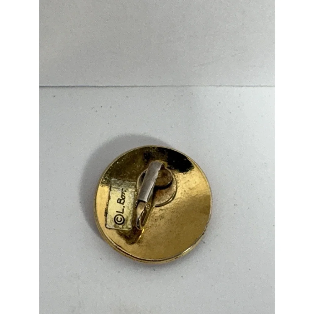 Vintage 80s Brooch By L. Bott Red Black Enamel Gold Tone Pin Signed